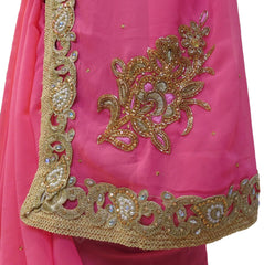Pink Designer Georgette Hand Embroidery Zari Pearl Cutdana Beads Thread Stone Work Saree Sari