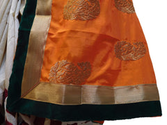 Orange & White Designer Silk Hand Embroidery Thread Zari Work Saree Sari