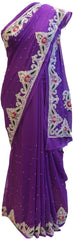 Purple Designer Gerogette (Synthetic) Hand Embroidery Stone Border Sari Saree