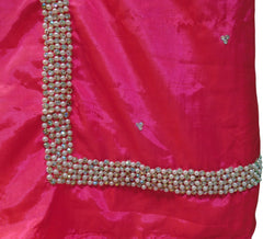 Pink & Orange Designer Silk Stone Pearl Hand Embroidery Work Saree Sari