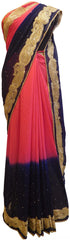 Pink & Blue Designer Georgette (Viscos) Hand Embroidery Cutdana Zari Pearl Stone Work Saree Sari