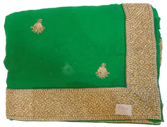 Green Designer Georgette (Viscos) Hand Embroidery Pearl Cutdana Zari Stone Bullion Work Saree Sari