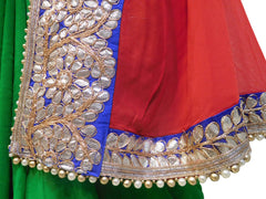 Bollywood Style Red & Green Gota Saree With Blue Border With Pearl Lace Sari
