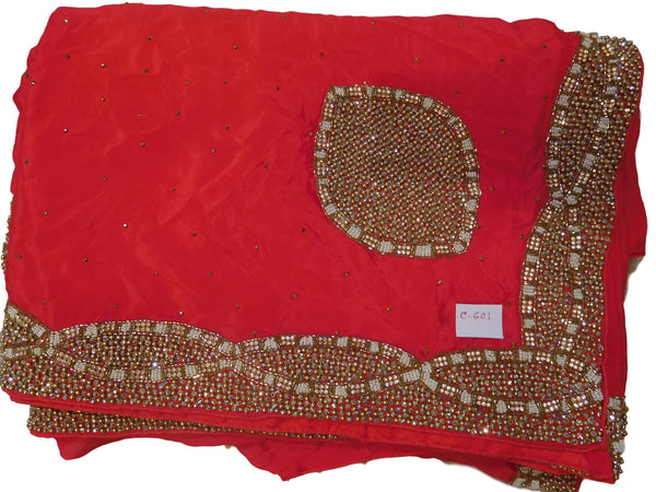 Pink Designer Crepe (Chinon) Hand Embroidery Stone Cutdana Pearl Beads Work Saree Sari