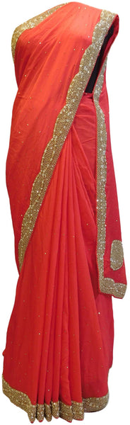 Pink Designer Crepe (Chinon) Hand Embroidery Stone Cutdana Pearl Beads Work Saree Sari