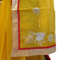 Yellow Designer Hand Embroidery Supernet Saree