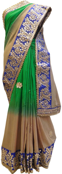 Bollywood Style Green & Grey Gota Saree With Blue Border & Pearl Lace Sari