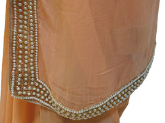 Peach Designer Georgette (Viscos) Hand Embroidery Pearl Cutdana Work Saree Sari