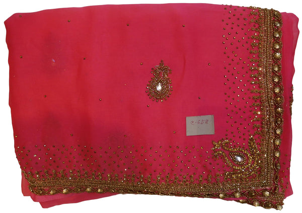Pink & Peach Designer Georgette Hand Embroidery Cutdana Beads Stone Work Saree Sari