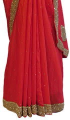 Pink Designer Crepe (Chinon) Hand Embroidery Stone Cutdana Pearl Beads Work Saree Sari
