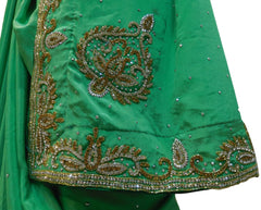Green Designer Crepe (Chinon) Hand Embroidery Cutdana Stone Work Saree Sari