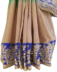 Bollywood Style Green & Grey Gota Saree With Blue Border & Pearl Lace Sari