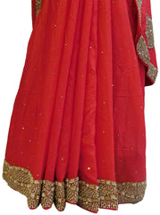Pink Designer Crepe (Chinon) Hand Embroidery Stone Cutdana Pearl Beads Work Saree Sari