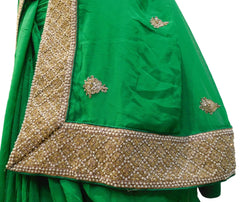 Green Designer Georgette (Viscos) Hand Embroidery Pearl Cutdana Zari Stone Bullion Work Saree Sari
