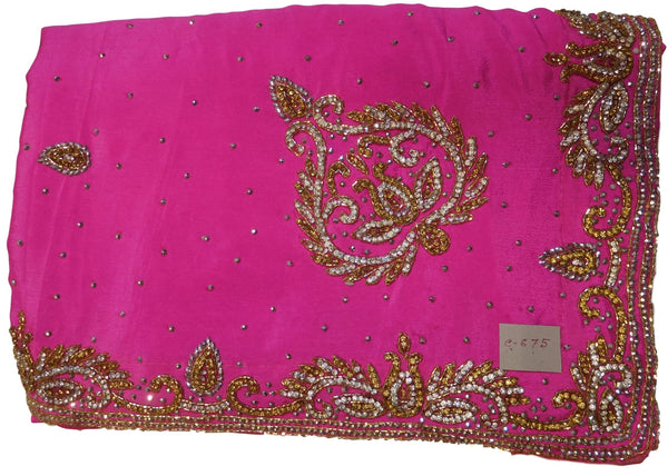 Pink Designer Crepe (Chinon) Hand Embroidery Cutdana Stone Work Saree Sari