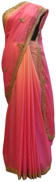 Pink & Peach Designer Georgette Hand Embroidery Cutdana Beads Stone Work Saree Sari