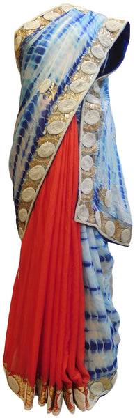 Blue White & Red Designer Crepe (Chinon) Hand Embroidery Thread Pearl Zari Gota Stone Work Saree Sari