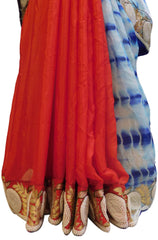 Blue White & Red Designer Crepe (Chinon) Hand Embroidery Thread Pearl Zari Gota Stone Work Saree Sari