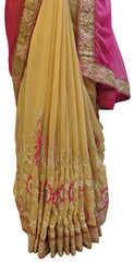 Pink & Beige Designer Gerogette (Synthetic) Hand Embroidery Stone Border Sari Saree