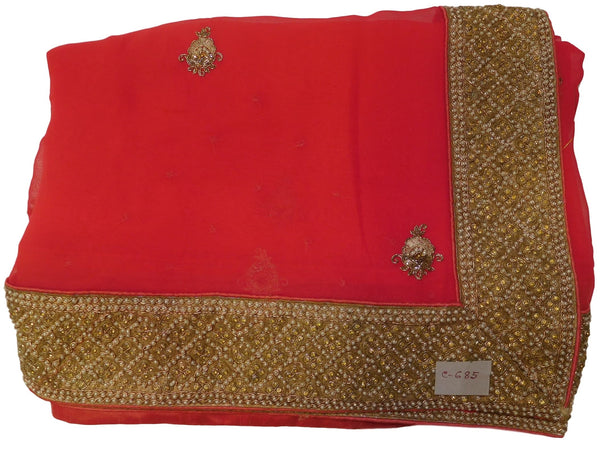 Pink Designer Georgette (Viscos) Hand Embroidery Pearl Cutdana Zari Stone Bullion Work Saree Sari