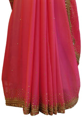 Pink & Peach Designer Georgette Hand Embroidery Cutdana Beads Stone Work Saree Sari