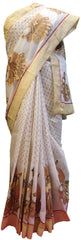 White Designer Pure Cotton Thread Embroidery Printed Sari Saree