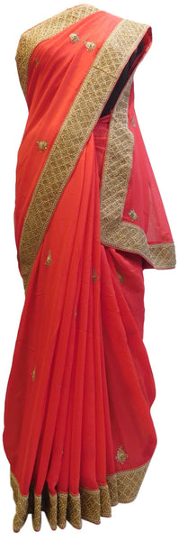 Pink Designer Georgette (Viscos) Hand Embroidery Pearl Cutdana Zari Stone Bullion Work Saree Sari