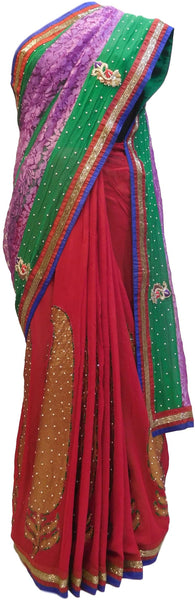 Green, Purple, Red Designer Georgette Hand Embroidery Work Saree Sari