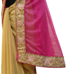 Pink & Beige Designer Gerogette (Synthetic) Hand Embroidery Stone Border Sari Saree