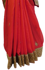 Pink Designer Georgette (Viscos) Hand Embroidery Pearl Cutdana Zari Stone Bullion Work Saree Sari
