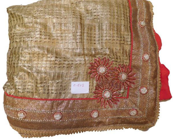 Red & Golden Boutique Style Georgette (Viscos) Hand Embroidery Bullion Cutdana Thread Beads Work Saree Sari With Designer Stitched Blouse