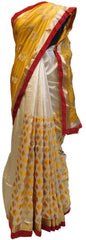 Yellow & White Designer Silk Hand Embroidery Thread Zari Work Saree Sari