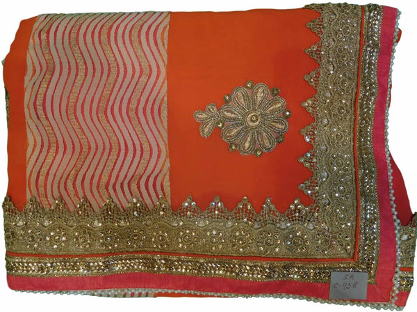 Pink Designer Georgette Sari Zari, Pearl Mirror Thread Embroidery Work Saree