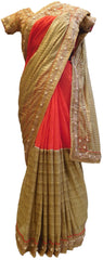 Red & Golden Boutique Style Georgette (Viscos) Hand Embroidery Bullion Cutdana Thread Beads Work Saree Sari With Designer Stitched Blouse
