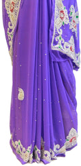 Blue Designer Gerogette (Synthetic) Hand Embroidery Stone Border Sari Saree