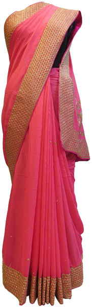 Pink Designer Georgette (Viscos) Hand Embroidery Cutdana Zari Pearl Stone Work Saree Sari
