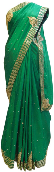 Green Designer Crepe (Chinon) Hand Embroidery Cutdana Beads Stone Work Saree Sari