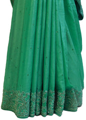 Green Designer Crepe (Chinon) Hand Embroidery Thread Beads Stone Work Saree Sari
