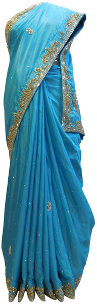 Blue Designer Crepe (Chinon) Hand Embroidery Cutdana Stone Work Saree Sari