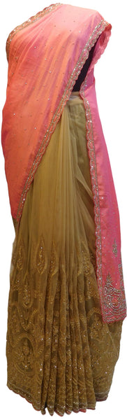 Gajari & Beige Designer Silk & Net Hand Embroidery Thread Stone Cutdana Work Saree Sari