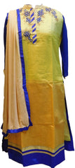 Yellow & Blue Designer Cotton (Chanderi) Kurti With Cream Chiffon Dupatta