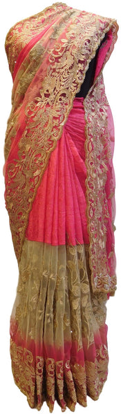 Pink Designer Net Sari Zari, Stone Cutdana Thread Embroidery Work Saree
