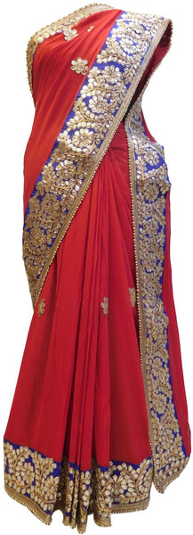 Bollywood Style Red Georgette (Viscos) Gota Work Saree With Blue Border & Pearl Lace Sari