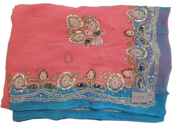 Peach Designer Hand Embroidery Turquoise Contrast Border Saree Sari