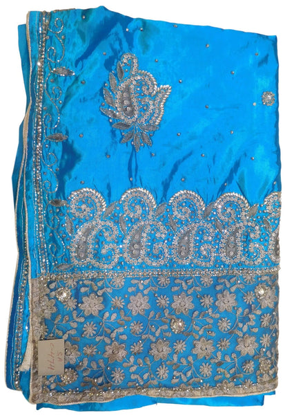 Blue Designer Silk Hand Embroidery Stone Thread Cutdana Work Saree Sari