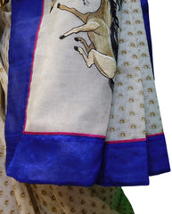 White Designer Pure Cotton Thread Embroidery Printed Sari With Blue Border Saree