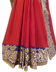 Bollywood Style Red Georgette (Viscos) Gota Work Saree With Blue Border & Pearl Lace Sari