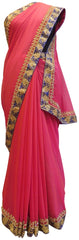 Pink Designer Chiffon Hand Embroidery Zari Stone Thread Work Saree Sari C619