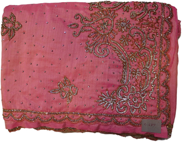 Pink & Beige Designer Silk & Net Hand Embroidery Thread Stone Cutdana Work Saree Sari