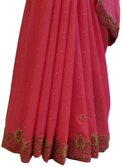 Pink Designer Crepe (Chinon) Hand Embroidery Cutdana Thread Pearl Stone Work Saree Sari